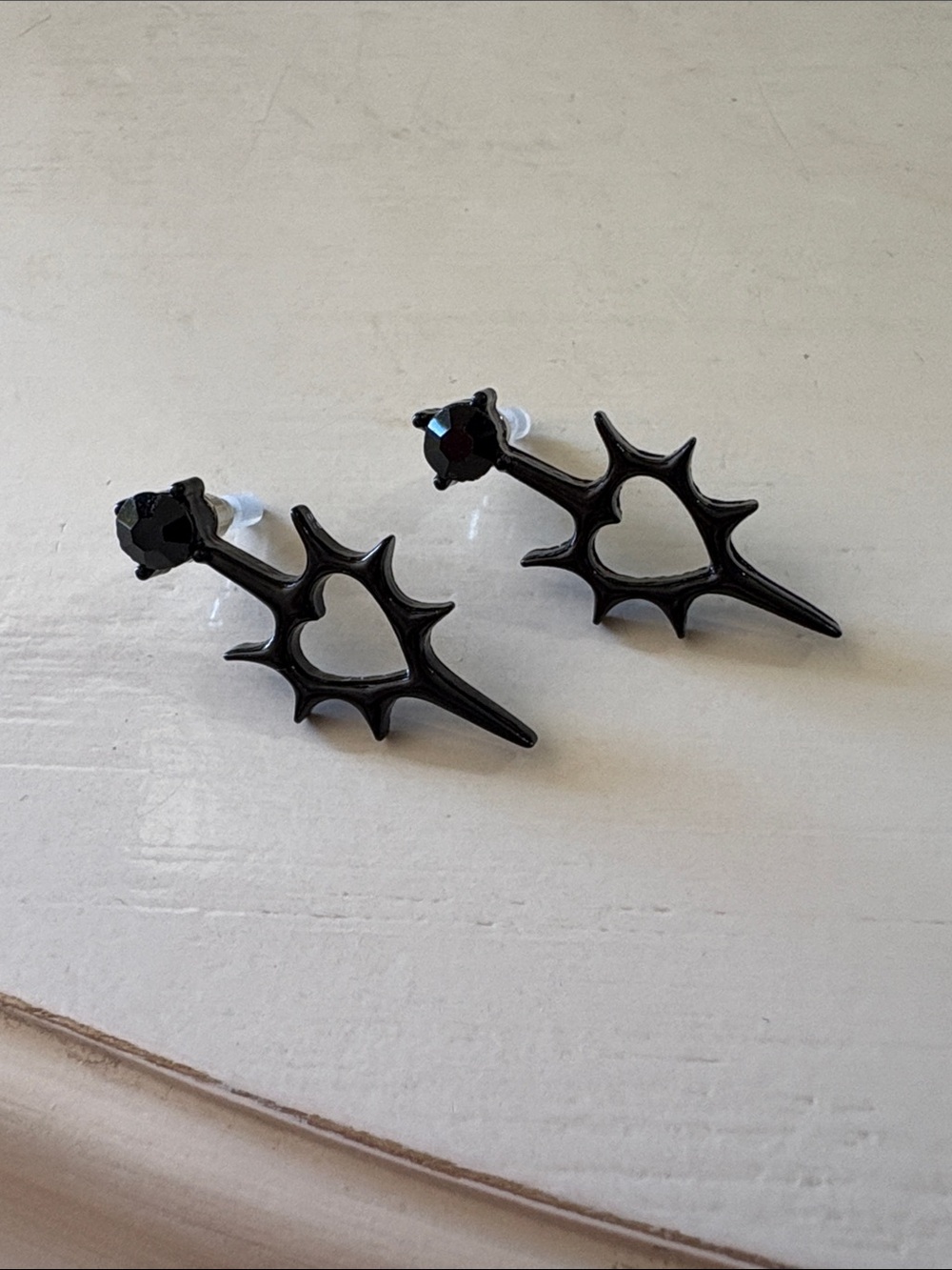 Small Black Spike Heart Dagger Earrings with Rhinestones